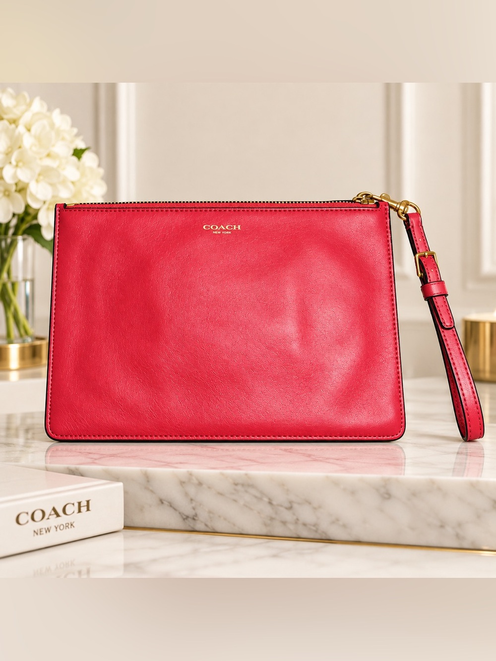 *VINTAGE* Coach Red Leather Clutch/Wristlet with Gold Logo